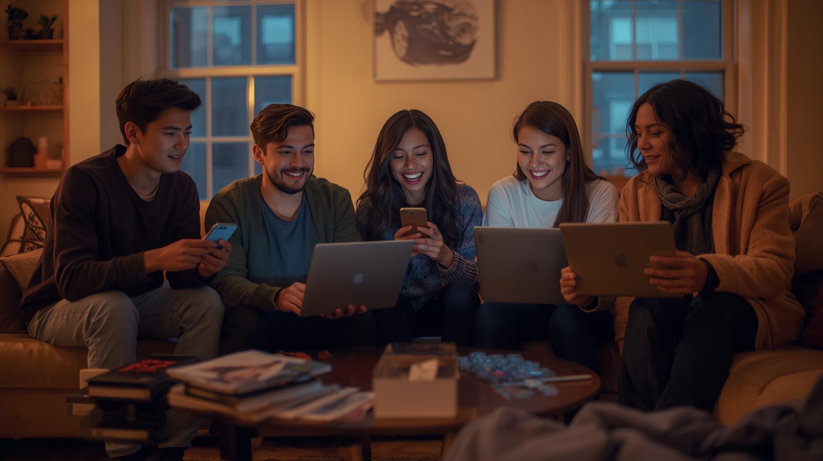 Young adults betting on devices in New York apartment with blurred screens - The Transformative Impact of Jili Slot Games on New York’s Digital Betting Scene